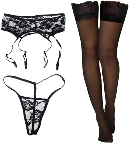 YCZARD 3Pcs Lace Garter Belt Thong Stockings Set, Women Sexy Sheer Mesh Thigh Highs Sexy Pantyhose Lace Suspender Tights with Garter and Thong