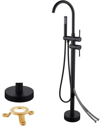 badkars kranar Fristående badkarsblandare, 2 lägen golvstående badkarsblandare med handdusch, 360° vridbar pip, golvmonterad badkarsblandare, badkarsblandare i mässing(Noir)