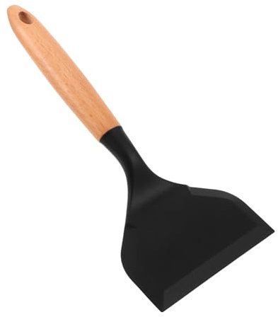DINHEAROM Silicone Cooking Turner Wooden Handle Non-Stick Flat Silicone Spatula for Frying for Home and Restaurant Use Black