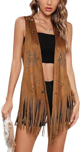 Nicoxijia Women Fringe Vest Sleeveless 70s Hippie Faux Suede Trim Western Cowgirl Tassel Jacket Cardigan Jacket Tops Outfits