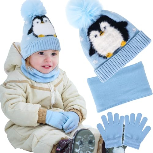 Gorro Niño Invierno Termicos con Braga Cuello y Guantes para Bebe Infantil Niños Niña 1-6 Años, Punto Lana Conjunto Bufanda Gorro y Guantes Niño, Pompon Gorros con Caja Regalo y Tarjeta Felicitacion