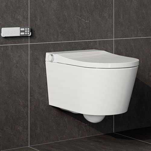 HOROW Inodoro Inteligente Suspendido de Pared sin Bordes, con Varios Modos de Ducha, con Gafas Calefactables, con Función de Bidé, con Esterilización UV y Boquilla Autolimpiable