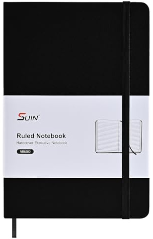 SUIN Carnet professionnel ligné à couverture rigide pour le travail, papier de soin des yeux 100 g/m², couverture en cuir synthétique, journal A5 pour le travail, l'école et la prise de notes, noir