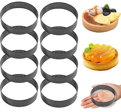 CAAGGMM Anello Crostata, 8 Pezzi 8 cm Mousse Per Tartellette in Acciaio Inossidabile, Microforato Anelli Rotondi Stampini, Anelli Rotondi per Torte, per Frutta, Quiche e Mousse, Nero