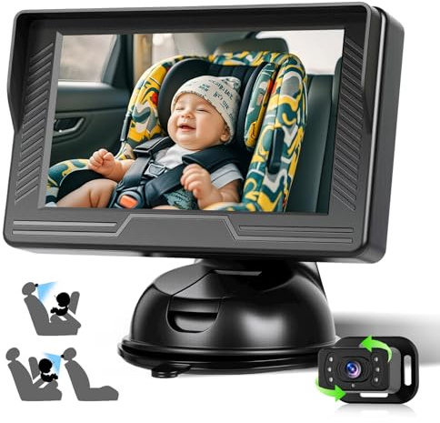 Hikity Cámara de Coche para Bebé 4,3 Zoll IPS Display Visión Nocturna,360° Giratorias,Einfache Installation,Kompatibel mit Limousinen, Kleintransportern, und SUV