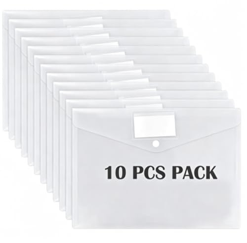 10 Pack A4 Wallet Files Clear Waterproof Files Folder with Labels and Snap Plastic Wallets File Bag Suitable for Home Office School and Travel Supplies (10)