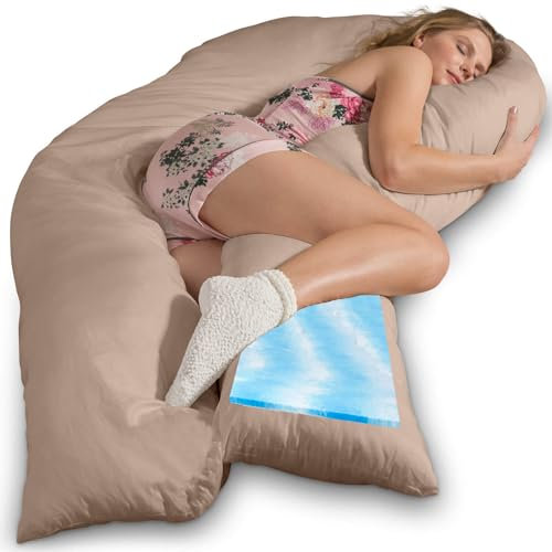 Traumreiter Seitenschläferkissen Visco XXL mit Bezug Baumwolle Hell Braun, Hybrid Kissen +1cm Memory Foam Schwangerschaftskissen U Form Body Pillow Komfortkissen Ergonomie Zertifiziert