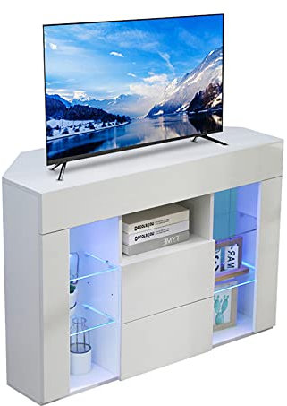 Dripex Corner TV Unit Entire Front High Gloss TV Stand Cabinet Cupboard Storage Furniture for Home Living Room Bedroom 100CM with RGB Lights for 32 40 45 50 inch TV - White
