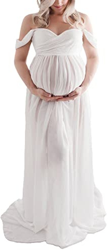 Kvinnor Gravidklänning Lång Gravid Klänning Elegant Gravid Lång Klänning för Fotografering Ren Färg Hellängd Off Shoulder Gravidklänning för Bröllopsfest Fotografi Rekvisita