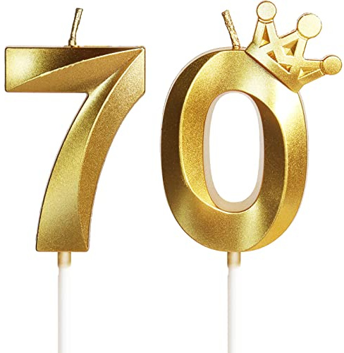 Vela de cumpleaños Con corona, número 70-2.36 pulgadas, color oro, 2 unidad, Velas Cumpleaños Divertidas, Velas de Pastel Cumpleaños, Velas Doradas para Cumpleaños, Aniversario, Fiesta Temática