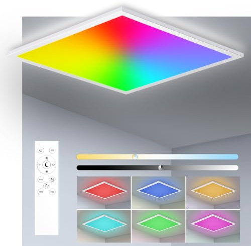 Oraymin LED Panel Deckenleuchte RGB, 45x45 cm Deckenlampe Dimmbar mit Fernbedienung, 28W 3100LM LED Panel Farbwechsel, Speicherfunktion, 3000K-6500K Quadrat Lampe für Wohnzimmer Schlafzimmer