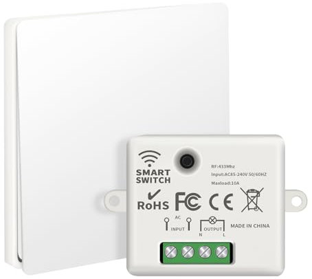 VIPMOON Funkschalter 230V, Funk Lichtschalter Set RF 433Mhz, Kabelloser Lichtschalter AC 85-240v 50/60 HZ 10A Relais Empfänger mit Drahtlos Kinetischer Batterieloser Schalter