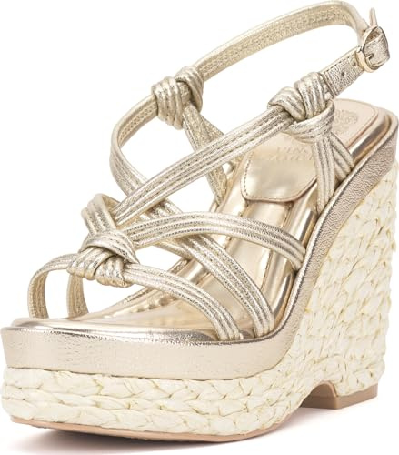 Vince Camuto Women's Delyna Strappy Platform Wedge Sandal, Light Gold, 11