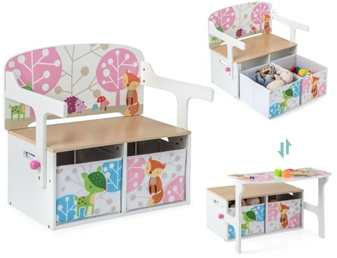 COSTWAY 3 en 1 Banc de Rangement Convertible avec 2 Bacs en Tissu Amovibles, Table Enfants avec Chaise et Motif d’Animaux, Coffre à Jouet pour Lire Manger ou Jouer, 57 x 42 x 57 cm(Blanc)