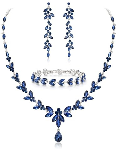 EVER FAITH Set de joyas con cristal austriaco, elegante collar de hoja con strass en forma de marquesa con colgantes de pendientes y pulsera de tenis, 45-50.5 cm, Cristal