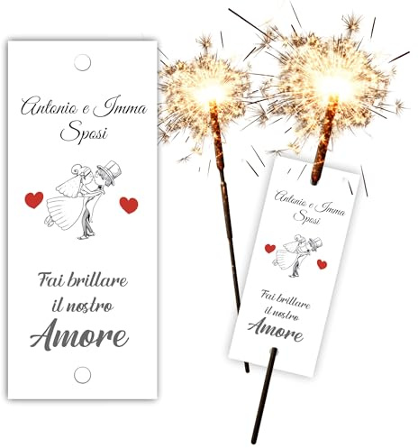 Mr Pubblicità - n.100 Cartoncino etichette Stelline Scintille Matrimonio personalizzati – Decorazioni Nozze, Sposi, Anniversario, Compleanno, Feste – Aggiungi Nomi e Frase a scelta (Modello 12)