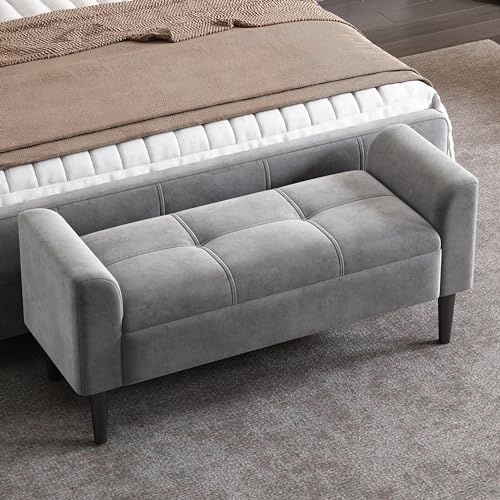 OKMYHOME Banc en Velours avec Accoudoirs, Tabouret de Lit Confortable, Structure MDF, 116 x 44 x 56 cm, Gris