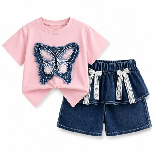 OrJana Completo Bambina 2 Pezzi con Unicorno, Maglietta con Volant e Jeans, Tema Unicorno e Arcobaleno (skort pink, 2-3 anni)
