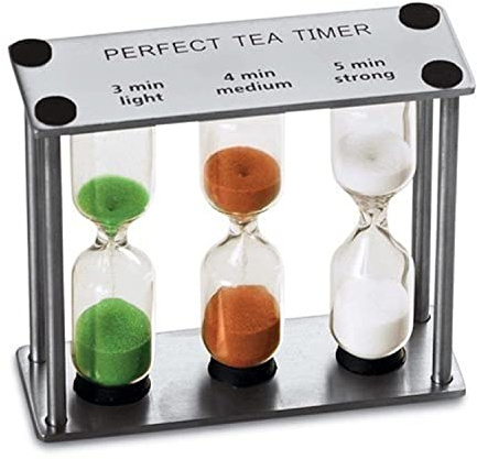 Lily's Home 3.75 Tall 3-in-1 Perfect Tea Timer, Includes 3, 4, and 5 Minute Sand Hourglass Timers, Use for Making Tea or Keeping Time Around The Kitchen, Brushed Stainless Steel Frame