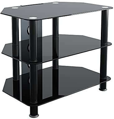 King TV-Mobel Fernsehtisch fur Flachbildschirm/LCD/LED/Plasma 12 - 32 Zoll Schwarz Glas mit Schwarz Stand (inkl. Kabelfuhrung) 60cm