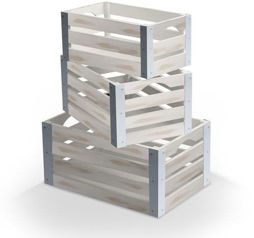 wald imports - Set of 3 White Washed Wooden Crates for Storage - Decorative Wooden Crate Set for Home Decoration & Display - Vintage Storage for Household Goods