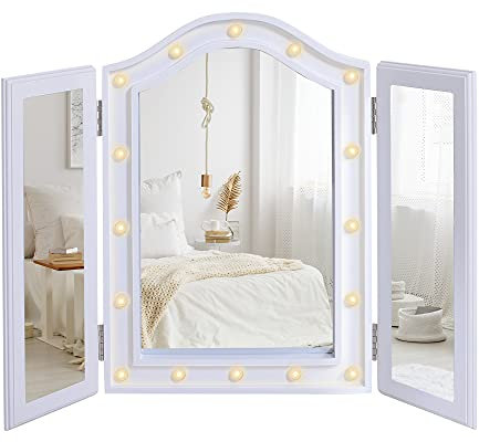 HOMCOM Trifold Freestanding Mirror, Lighted Tabletop Vanity Mirror Large Cosmetic w/16 LED Lights powered by batteries Foldable For Bedroom- White