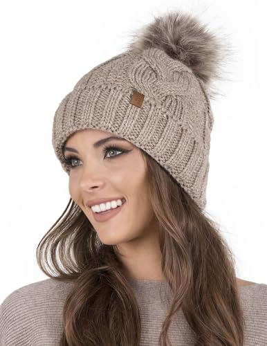 Vivisence Cappello Invernale da Donna con Pompon Fodera in Pile Soffice Filato Caldo E Morbido Elastico E Confortevole Design Elegante Ideale per Giornate Fredde, Beige,Taglia Unica