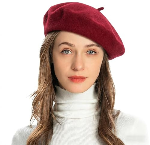 ZLYC Estilo Francés Clásicas Lana Boina Gorro para Mujeres (Granate)
