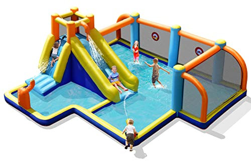 COSTWAY Inflatable Water Slide, Jumping Bouncy Castle with Climbing Wall, Football Field, Splashing Pool and Water Cannons, Outdoor Blow Up Activity Center for Kids Summer Play (without blower)