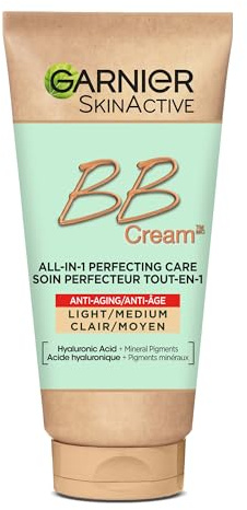 GARNIER Skin Active - BB Crème Anti-Âge - Soin Perfecteur Tout-En-1 - Raffermit & Hydrate - FPS 25 - Acide Hyaluronique & Aloe Vera - Vegan & Cruelty Free - Tous Types de Peaux - Teinte Medium - 50 ml