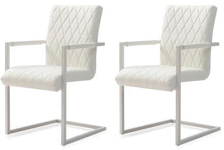 KHG 2er Set Esszimmerstühle mit Armlehnen Bezug aus Kunstleder weiß - Freischwinger in Leder-Optik bis 110 kg - Küchenstuhl, Schwingstuhl, Polsterstuhl mit Wellenfederung