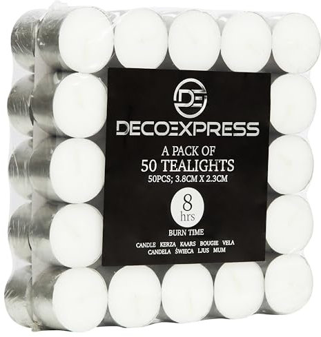 DECO EXPRESS Teelichter Großpackung, 24, 25, 50, 100 oder 200 Teelichter Lange Brenndauer 4, 8 oder 10 Stunden (Weiß, 50/8 Stunden)