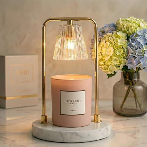 AME Essentials - Candle Warmer Lamp with Timer & Dimmer - Real White Marble Base & Gold Frame, 2 Bulbs Included, Safe Flameless Wax Melter Compatible with Small & Large Scented Candles