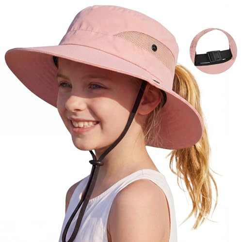 Zando Ponytail Hole Kids Sun Hat Adjustable Girls Beach Bucket Hat UPF 50+ Wide Brim Sun Protection Foldable Child Summer Cap Youth Waterproof Windproof Breathable Swim Fishing Safari Pink 8-12 Years