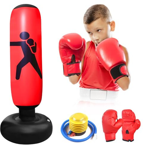 Mineup Boxsack Kinder, 160 cm Aufblasbarer Boxsack mit Boxhandschuhen, Standboxsäcke Aufblasbare, Sportspielzeug Tumbler Sandsack, Boxsack Stehend Kinder ab 2-12 Jahre für Training Karate Taekwondo