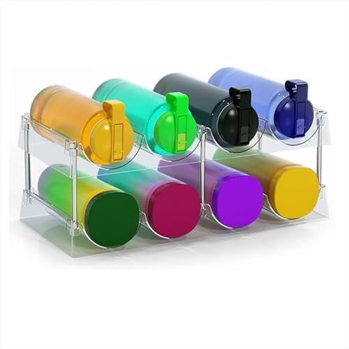 Urincros Water Bottle Storage, Bottle Rack, 2 Tier Clear Stackable Water Bottle Organiser and Wine Rack for Fridge, Kitchen and Cupboard, Hold 8 Bottles(Up to 32oz Each), With Hooks for Hanging Mugs