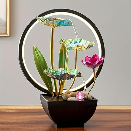 Urban London Fuente de agua Zen metálica alimentada por USB con luz LED, cascada relajante de escritorio de 3 niveles con piedras y sonido relajante para decoración del hogar y la oficina