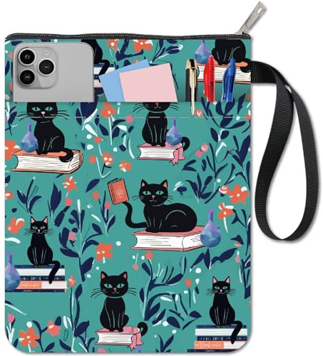 CRASPIRE Custodia per Libro con Motivo Gatto Nero Copertina Floreale con Cerniera e Tasca Extra Custodia Protettiva in Tessuto Lavabile per Quaderno Custodia per Copertina Rigida e Tascabile
