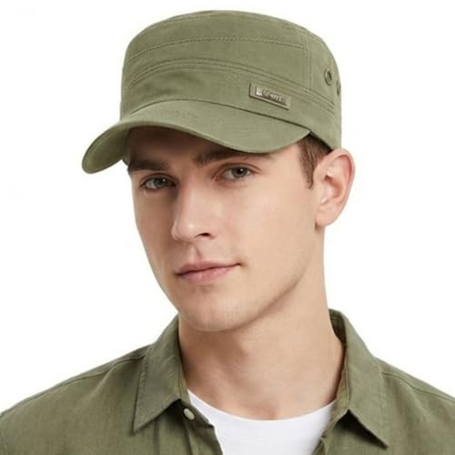 HIQIU Militär keps män sommar armékeps cadet hatt – unisex vintage tvättad bomull militär platt topp basebollkeps justerbar mössa, Armégrön, one size