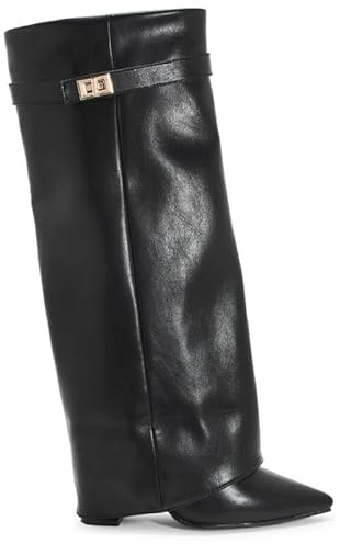 sole london LADIES Women's KNEE HIGH Fold Over Buckle Fashion Zip Pointed Block Heel Boots – Stylish Ruched Design – Comfortable Mid-Block Heel (4 INCH)– Faux Leather & Faux Suede_BLACK PU 8