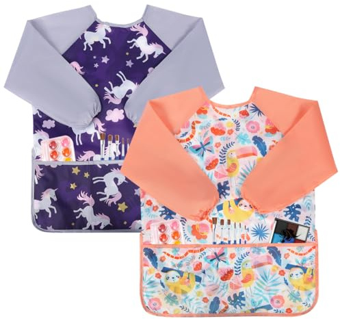 AUAUY 2 Pack Kids Painting Apron, Cartoon Kids Art Smock (Sloth + Pony)