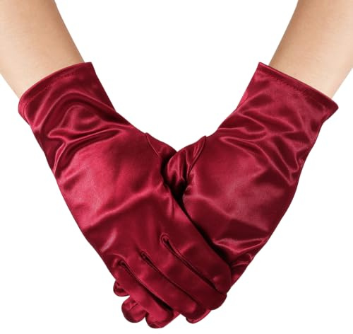 ztowoto 1 Paio Guanti Corti in Raso da donna,Bianco Guanti da Sposa Corti per Matrimoni, Feste, Opere, Banchetti, Costumi 1920s(Rosso scuro)