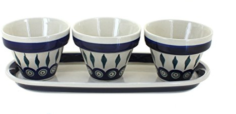 Blue Rose Polish Pottery - Blue Peacock Flower Pots with Tray - 3 Pots - Ceramic Flower Pot, for Indoor or Outdoor Garden Décor