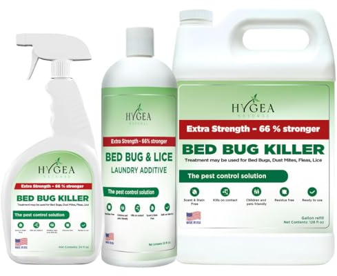 Hygea Natural Extra Strength Bed Bug & Lice Elimination Trio - Includes Extra Strength 24 oz Lice & Bed Bug Spray, 32 oz Lice & Bed Bug Laundry Additive, & 128 oz Spray Refill