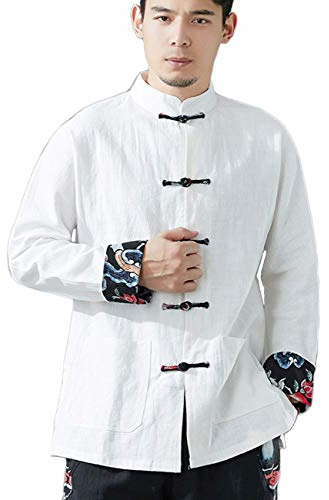 LUZU JUNU Men's Chinese Tang Suit Kung Fu Jacket Traditional Frog Button Shirt Casual Utility Travel with Pocket(US,Alpha,Large,Regular,Regular,White)