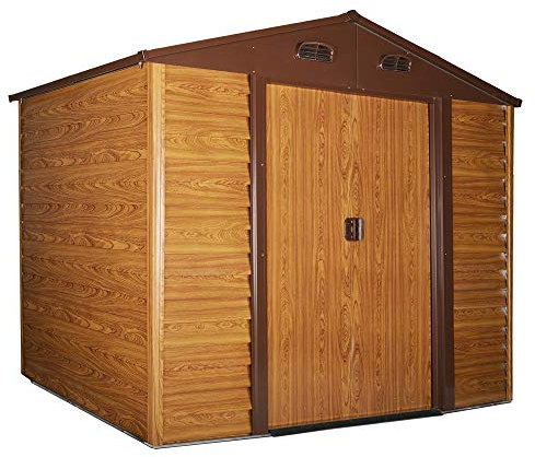 Outsunny 9 x 6ft Metal Garden Shed, House Hut Gardening Tool Storage with Ventilations, Sliding Door, Sloped Roof for Garden, Patio, Brown Wood Effect
