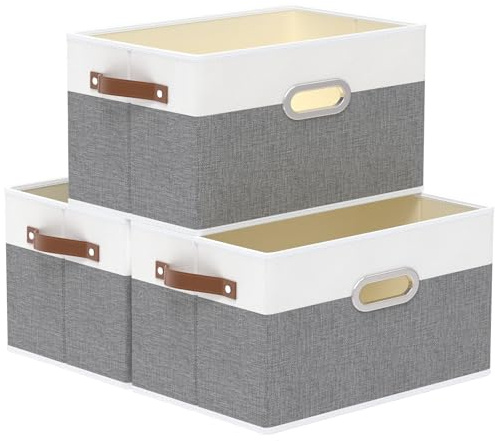 Yawinhe 3 Stück Aufbewahrungsbox aus Stoff, Faltbare Aufbewahrungskorb mit Griffen, Waschbare, für Schlafzimmer, Kleideraufbewahrung, 43x30x26cm, Weiß/Grau, SNK030WGL