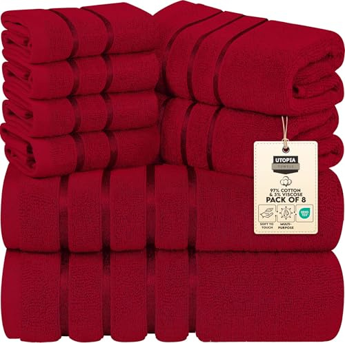 Utopia Towels 8-Piece Luxury Towel Set with Viscose Stripe, Red | 2 Bath Towels, 2 Hand Towels, and 4 Wash Cloths, 97% Ring Spun Cotton 3% Viscose Highly Absorbent, Machine washable