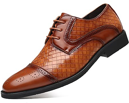 Men's Business Casual Dress Shoes Italy Prince Classic Wingtip Lace-Up Brogues Modern Formal Woven Leather Oxfords Brown 10
