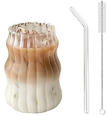 Maritown Tasse à café glacé 530ml avec Paille en Verre et nettoyant à Paille Brosse en Verre nervuré Verres à Eau